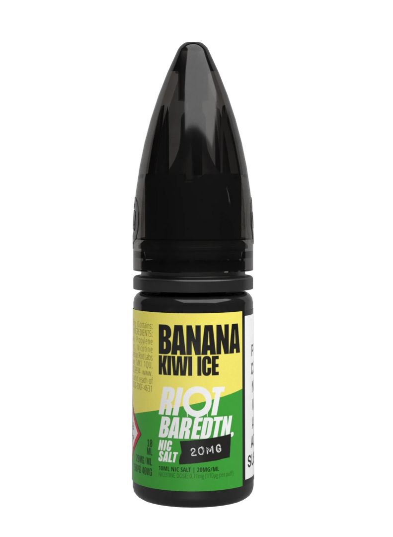 10× Riot Squad Bar Edition Nic Salt E‑Liquids in Banana Kiwi Ice – a pack of ten 10 ml bottles featuring a formulated with smooth nicotine salt and a 40/60 PG/VG base for a richer vapor experience.