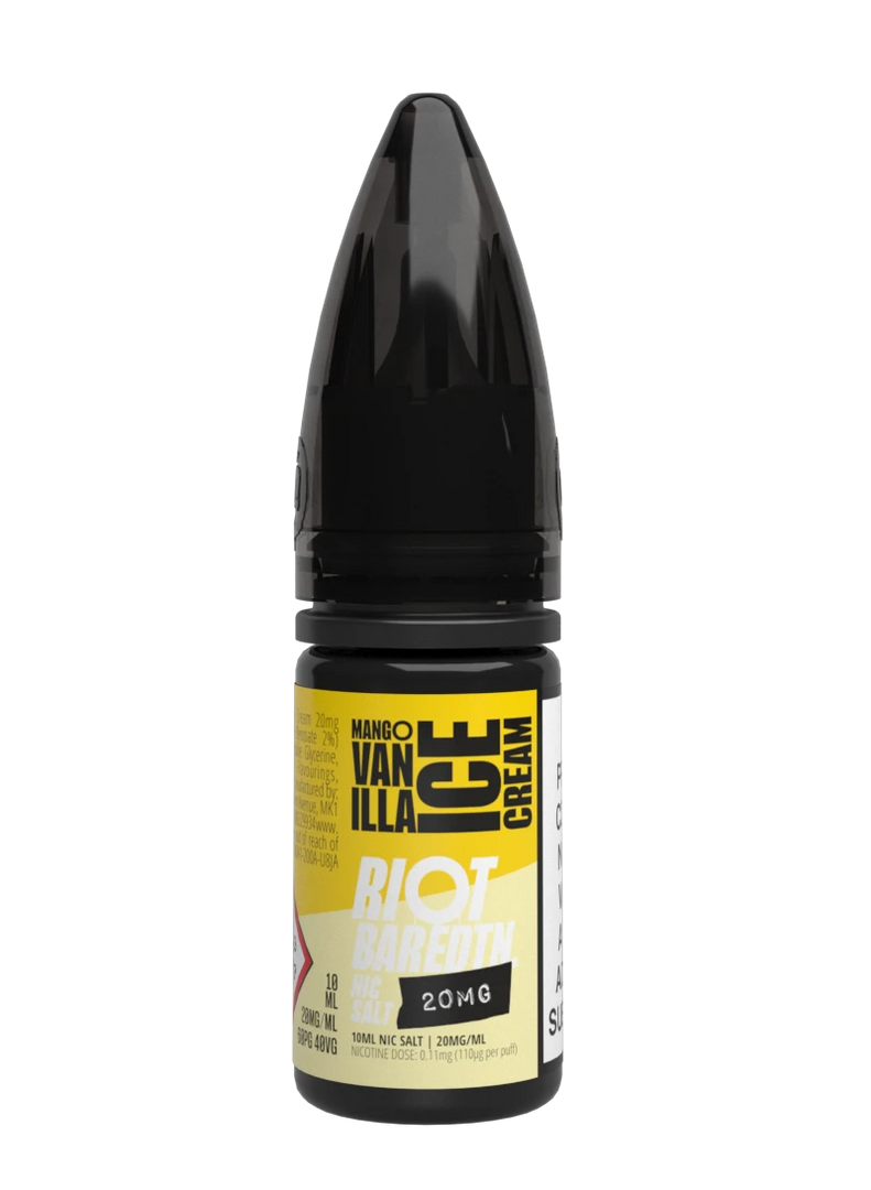 10× Riot Squad Bar Edition Nic Salt E‑Liquids in Mango Vanilla Ice-cream – a pack of ten 10 ml bottles featuring a formulated with smooth nicotine salt and a 40/60 PG/VG base for a richer vapor experience.