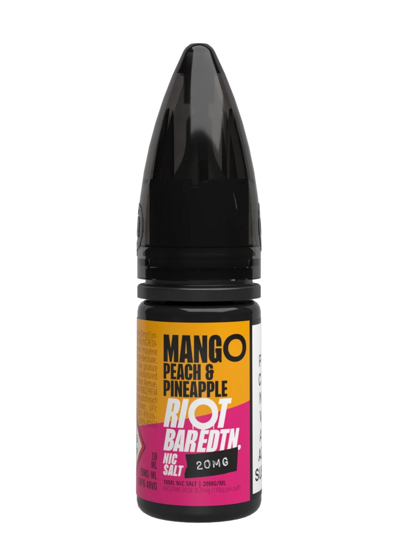 10× Riot Squad Bar Edition Nic Salt E‑Liquids in Mango Peach & Pineapple – a pack of ten 10 ml bottles featuring a formulated with smooth nicotine salt and a 40/60 PG/VG base for a richer vapor experience.
