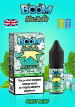 Load image into Gallery viewer, A product image featuring a 10ml bottle of BOOM Fresh Mint E Liquid with a nicotine strength of 20mg/ml, highlighting the British-made product with a VG/PG ratio of 50/50, and highlighting the brand's logo and 'Made for Britain' tagline.