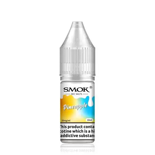 10ml bottle of SMOK Nic Salt Vape Juice in Pineapple flavor, 50/50 PG/VG ratio for balanced flavor and vapor production, available in 10mg and 20mg nicotine salt strengths.