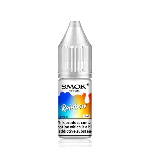 10ml bottle of SMOK Nic Salt Vape Juice in Rainbow flavor, 50/50 PG/VG ratio for balanced flavor and vapor production, available in 10mg and 20mg nicotine salt strengths.