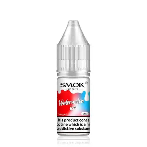 10ml bottle of SMOK Nic Salt Vape Juice in Watermelon Ice flavor, 50/50 PG/VG ratio for balanced flavor and vapor production, available in 10mg and 20mg nicotine salt strengths.