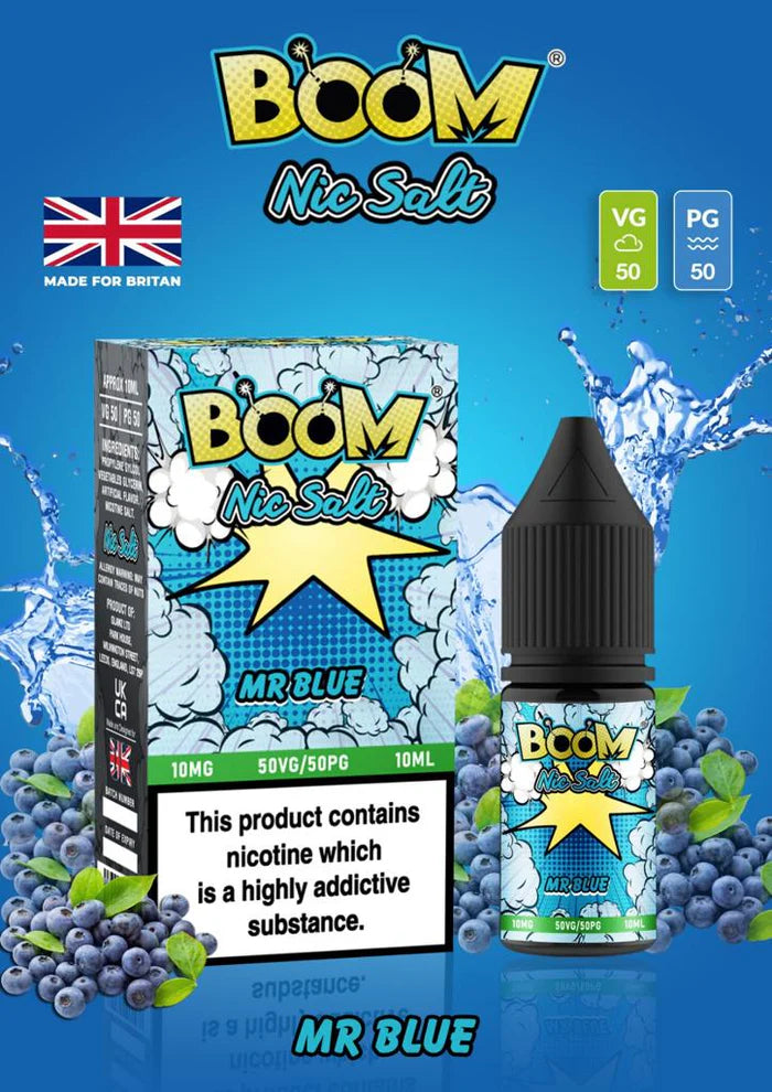 A product image featuring a bottle of Mr Blue Boom Nic Salt E Liquid with a graphic design that includes a blueberry fruit image, a cigarette, and the branding details such as 'Made for Brits', 'VG/PG 50/50', and the British flag.