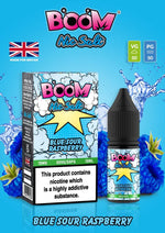 Load image into Gallery viewer, Product packaging for Boom Nic Salt E Liquid, featuring a bottle of Blue Sour Raspberry flavor e-juice, with visual elements of blue raspberries and a splash of liquid.