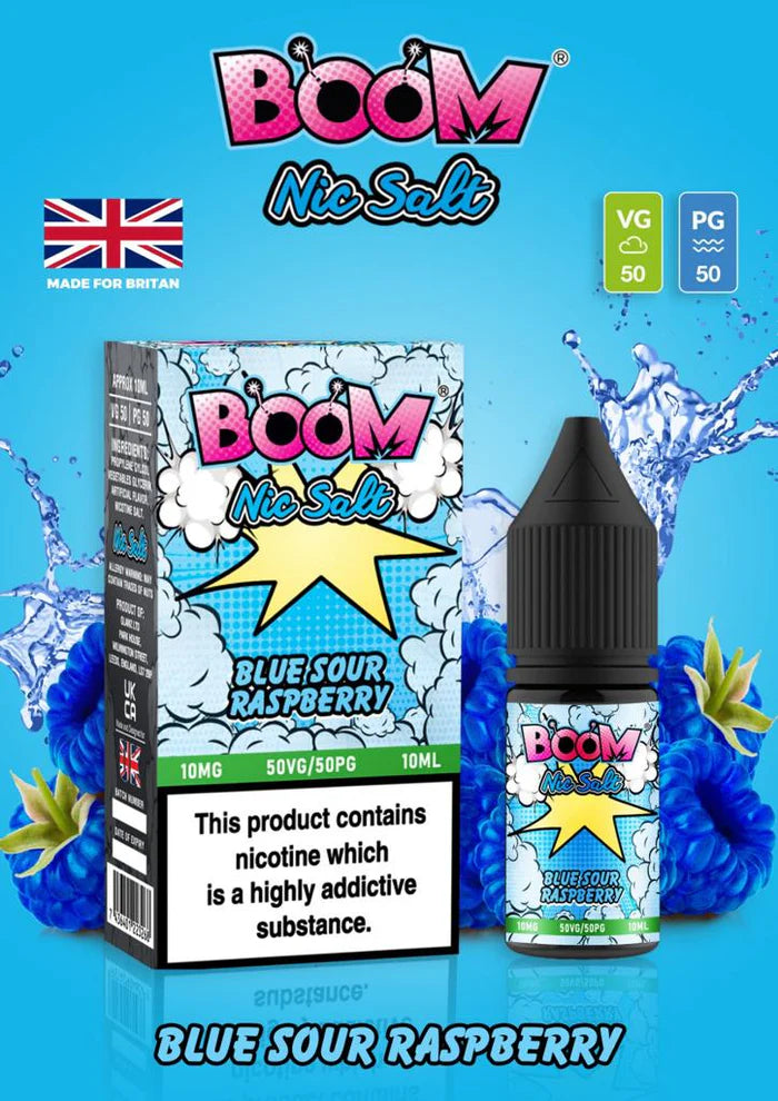 Product packaging for Boom Nic Salt E Liquid, featuring a bottle of Blue Sour Raspberry flavor e-juice, with visual elements of blue raspberries and a splash of liquid.