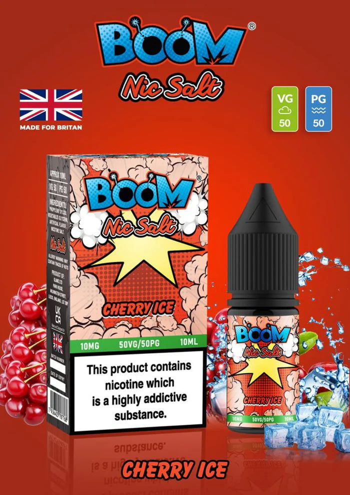 Bottle of Cherry Ice Boom Nic Salt featuring striking deep red and cool blue‑white packaging with stylized cherry graphics and icy crystal accents, highlighting the flavor name ‘Cherry Ice’ and nicotine strength options (10 mg and 20 mg), formulated with a 50/50 VG/PG blend for smooth, refreshing pod‑system vaping.