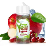 Load image into Gallery viewer, A 100ml bottle of YETI E-Liquid Apple Cranberry flavor, accompanied by images of apples and cranberries, with a ice cube and leaves for decoration.