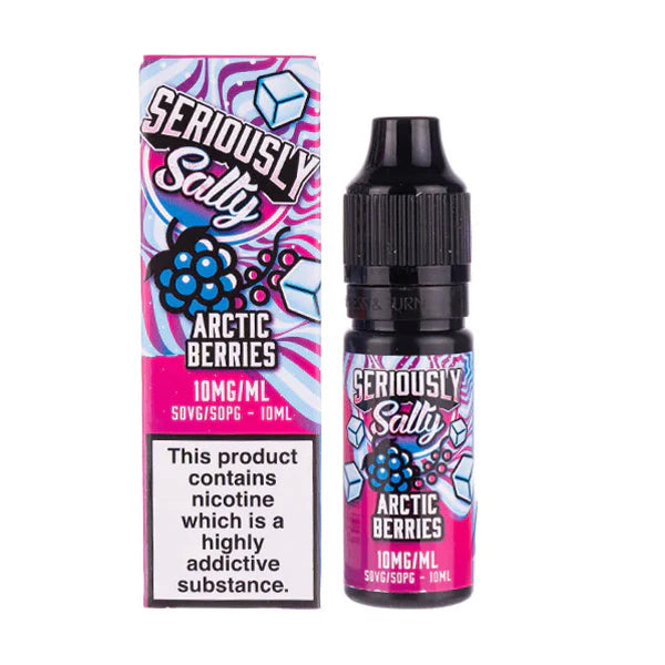 A 10ml bottle of Seriously Salty Arctic Berries Nic Salt E-Liquid with a childproof cap and a label featuring abstract berry designs and nicotine warning symbols.
