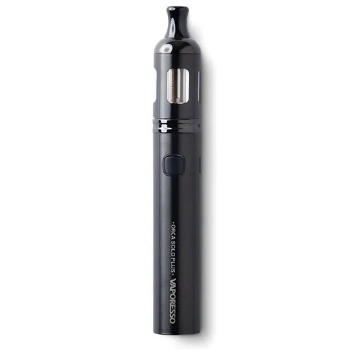 Vaporesso Orca Solo vape kit in Black finish, featuring a sleek pen-style design, built-in rechargeable battery, 2ml tank capacity, and easy top-fill system for a smooth and convenient vaping experience