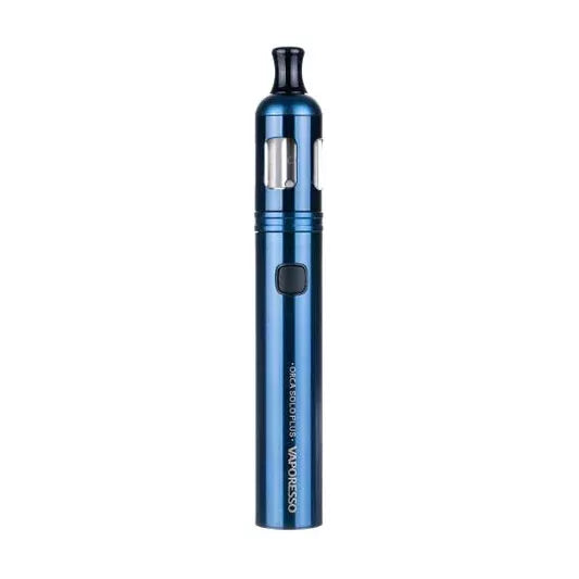 Vaporesso Orca Solo vape kit in Blue finish, featuring a sleek pen-style design, built-in rechargeable battery, 2ml tank capacity, and easy top-fill system for a smooth and convenient vaping experience