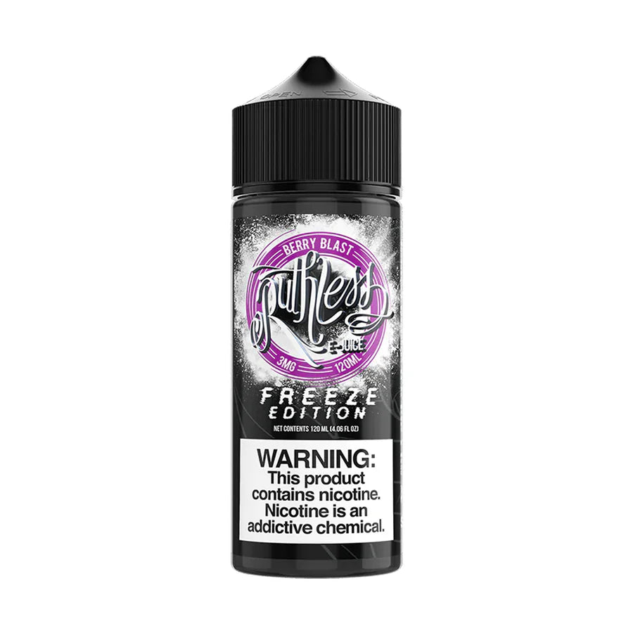 A 100ml bottle of Ruthless Berry Blast e-liquid with a label indicating it is a nicotine-free product.
