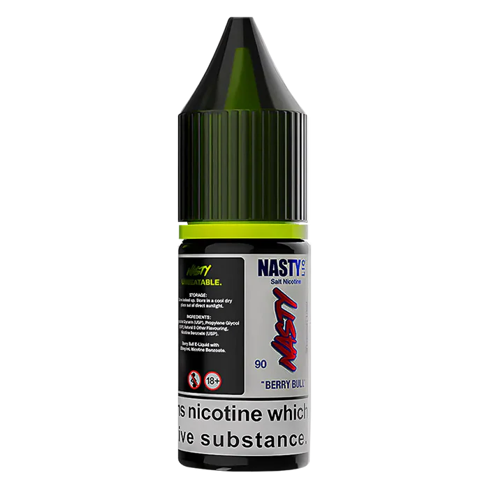 Nasty Liq Berry Bull Nic Salt Vape Juice – sleek 10 ml bottle with a fizzy energy-drink base and tangy mixed berries, formulated with smooth nicotine salts (10 mg & 20 mg) in a balanced 50/50 PG/VG blend ideal for pod-system MTL vaping.