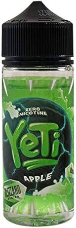 Load image into Gallery viewer, A 100ml bottle of YETI E-Liquid with an apple flavor theme, featuring a green color scheme and branding.
