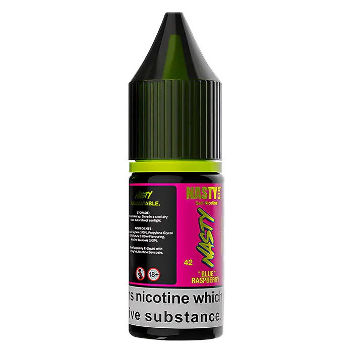 Bottle of Nasty Liq Blue Raspberry Nic Salt Vape Juice with bold blue-themed packaging, showcasing the Nasty Liq branding and blue raspberry flavor, designed for nicotine salt vape devices.