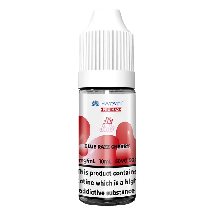 Hayati Pro Max Blue Razz Cherry Nic Salt vape juice, blending tangy blue raspberry with sweet ripe cherry for a bold fruity flavor, delivering smooth nicotine satisfaction and a refreshing vape experience.