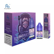 Product packaging for Blue Razz Lemonade Nic Salt E Liquid, featuring a purple color scheme and an image of a bottle with a label showing the flavor and nicotine strength options.
