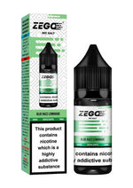 Load image into Gallery viewer, A product image showing a box and a bottle of Blue Razz Lemonade Zego Nic Salt 10ml E-Liquid, with nicotine strength options indicated.