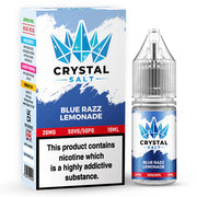A product image showing a bottle of Crystal Salt Blue Razz Lemonade nicotine salt e-liquid next to its packaging box. The packaging has branding and product information, and the bottle is marked with nicotine warning signs.