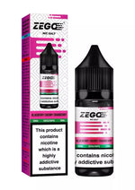 Load image into Gallery viewer, This image displays a product packaging for Zego Nic Salt E-Liquid, specifically the Blueberry Cherry Cranberry flavor. The packaging is vibrant with a pink and purple color scheme, featuring a clear label that shows the e-liquid bottle and its contents of 10ml.