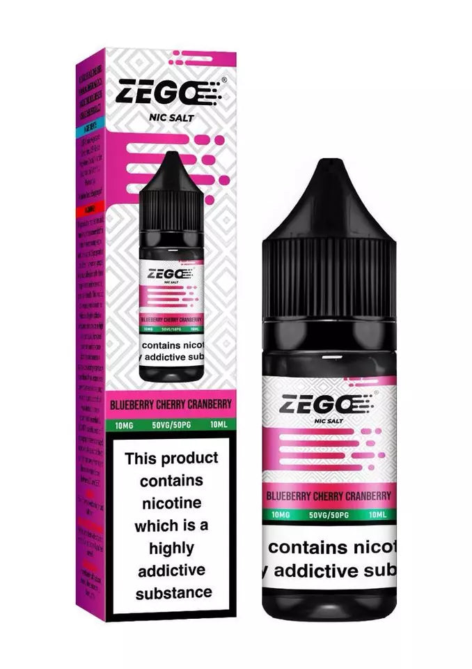 This image displays a product packaging for Zego Nic Salt E-Liquid, specifically the Blueberry Cherry Cranberry flavor. The packaging is vibrant with a pink and purple color scheme, featuring a clear label that shows the e-liquid bottle and its contents of 10ml.