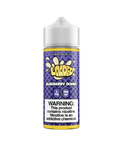 Bottle of Loaded E‑Liquid 120 ml labeled “Blueberry Donut” featuring rich purple-blue and golden-brown packaging with illustrations of glazed blueberry donuts and fresh blueberries, accompanied by flavor notes “Apple Fritter, Lemon Bar, Melon Milkshake” in stylized lettering—crafted for vape devices.