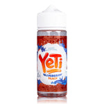Load image into Gallery viewer, A 100ml bottle of YETI E-Liquid with Blueberry Peach flavor. The bottle is transparent, showcasing the e-liquid inside, and has a label with the YETI brand and flavor details.