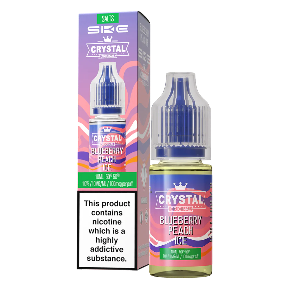 A product image showing a 10ml bottle of SKE Crystal Nic Salt E Liquid with its packaging box, labeled Blueberry Peach Ice flavor, indicating nicotine content, and suitable for all vape devices.