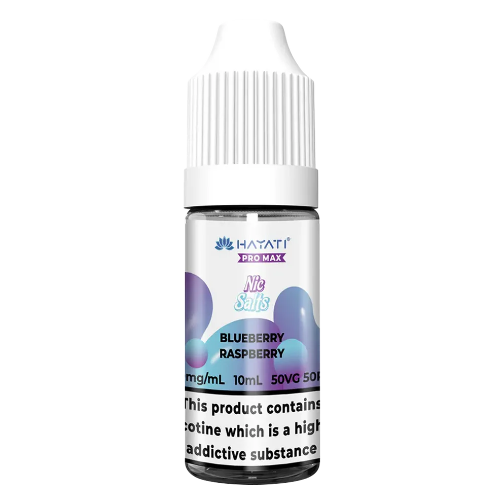 Bottle of Blueberry Raspberry from Hayati Pro Max Nic Salts featuring cool blue‑purple and frosted white packaging, with stylized illustrations of blueberries and raspberries surrounded by icy crystal motifs, bold Hayati branding and flavour name prominently displayed—designed for mouth‑to‑lung nicotine salt vape devices.