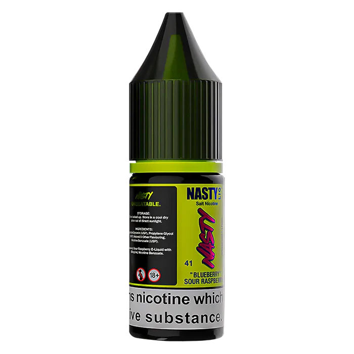 A 30ml bottle of Nasty Liq Blueberry Sour Raspberry Nic Salt Vape Juice featuring bold blue and red packaging with prominent branding and flavor description, crafted for use in nicotine salt vape devices.