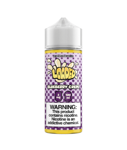 A 120ml bottle of Blueberry Crepe flavored e-liquid by Loaded. The bottle is white with a purple label and includes product information and warnings about nicotine content.