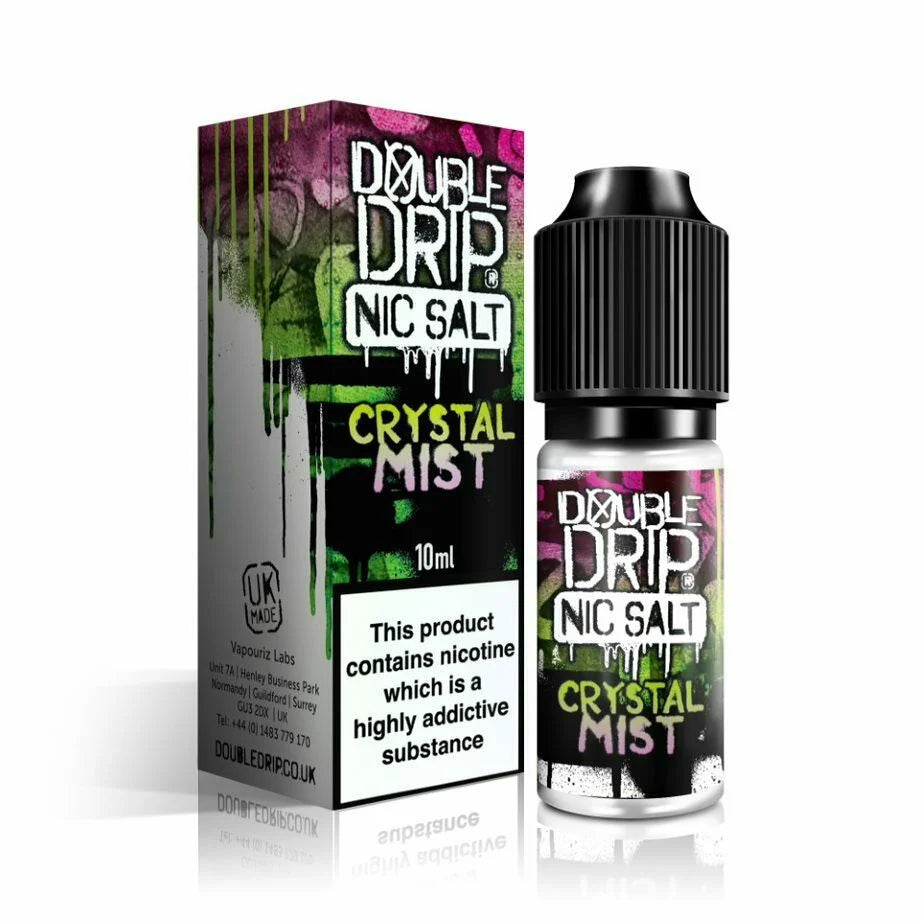 Double Drip Nic Salt E-Liquid Crystal Mist – 10ml bottles, pack of 10, 50/50 VG/PG, available in 10mg or 20mg nicotine strength.