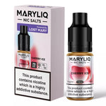 Load image into Gallery viewer, A bottle of MARYLIQ Cherry Ice nicotine salts e-liquid next to its packaging box, both featuring a nicotine warning label.