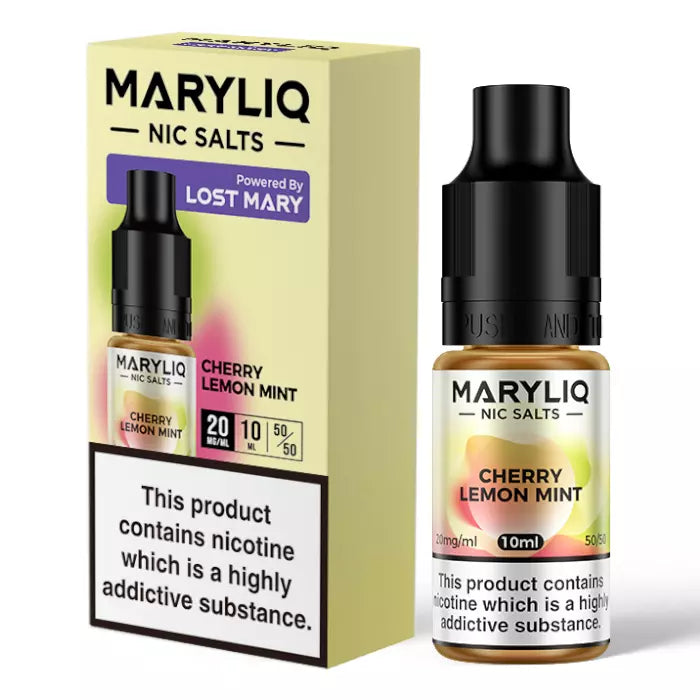 Packaging and bottle of MARYLIQ Cherry Lemon Mint Nicotine Salts, 10ml size, with a label indicating it contains nicotine which is an addictive substance.
