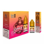 Load image into Gallery viewer, A 10ml bottle of Cherry R&M Nic Salt E Liquid next to its packaging, which features a cartoon monkey and has warning labels for nicotine.