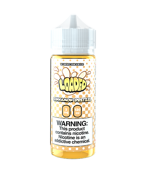 A 120ml bottle of Cinnamon Pretzel e-liquid by Loaded, with a yellow label and white cap. The e-liquid bottle has a warning label stating it contains nicotine.