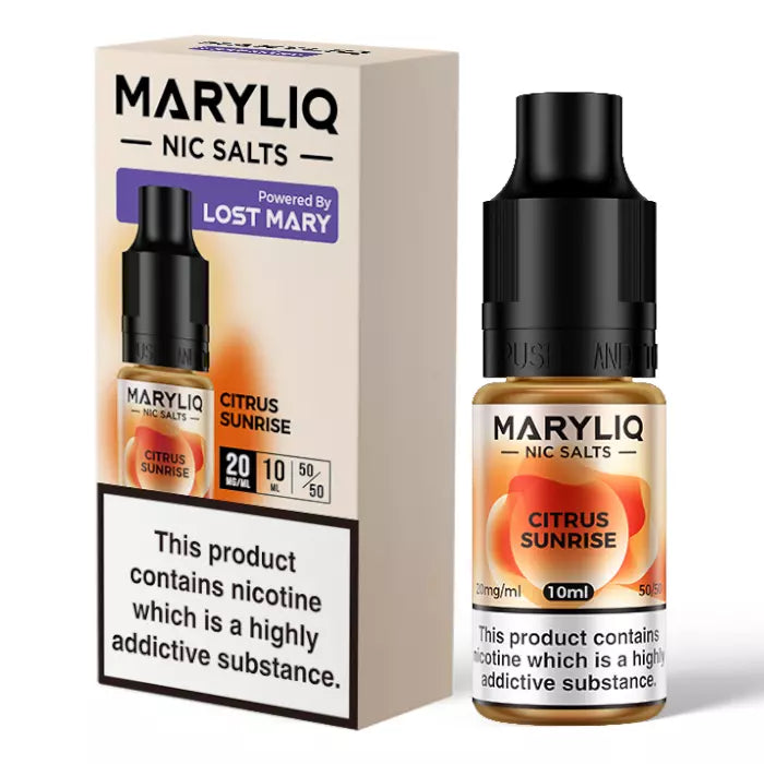 The image shows a product packaging and a bottle of MARYLIQ Citrus Sunrise Nic Salt E-Liquid with a nicotine strength of 20mg/ml. The packaging is predominantly beige and purple with images of oranges and lemons, indicating the citrus flavor.