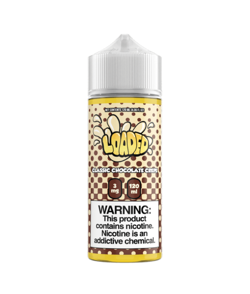 A 120ml bottle of Classic Chocolate Crepe flavored e-liquid by Loaded. The bottle is white with a graphic design and text indicating the flavor and brand.