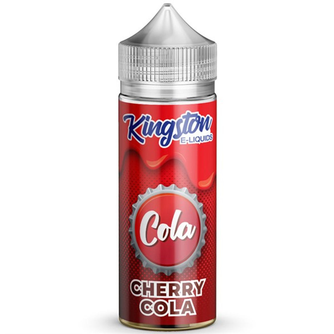 A bottle of Kingston Nicotine Free E Liquid with a red label indicating the flavor as Cherry Cola.