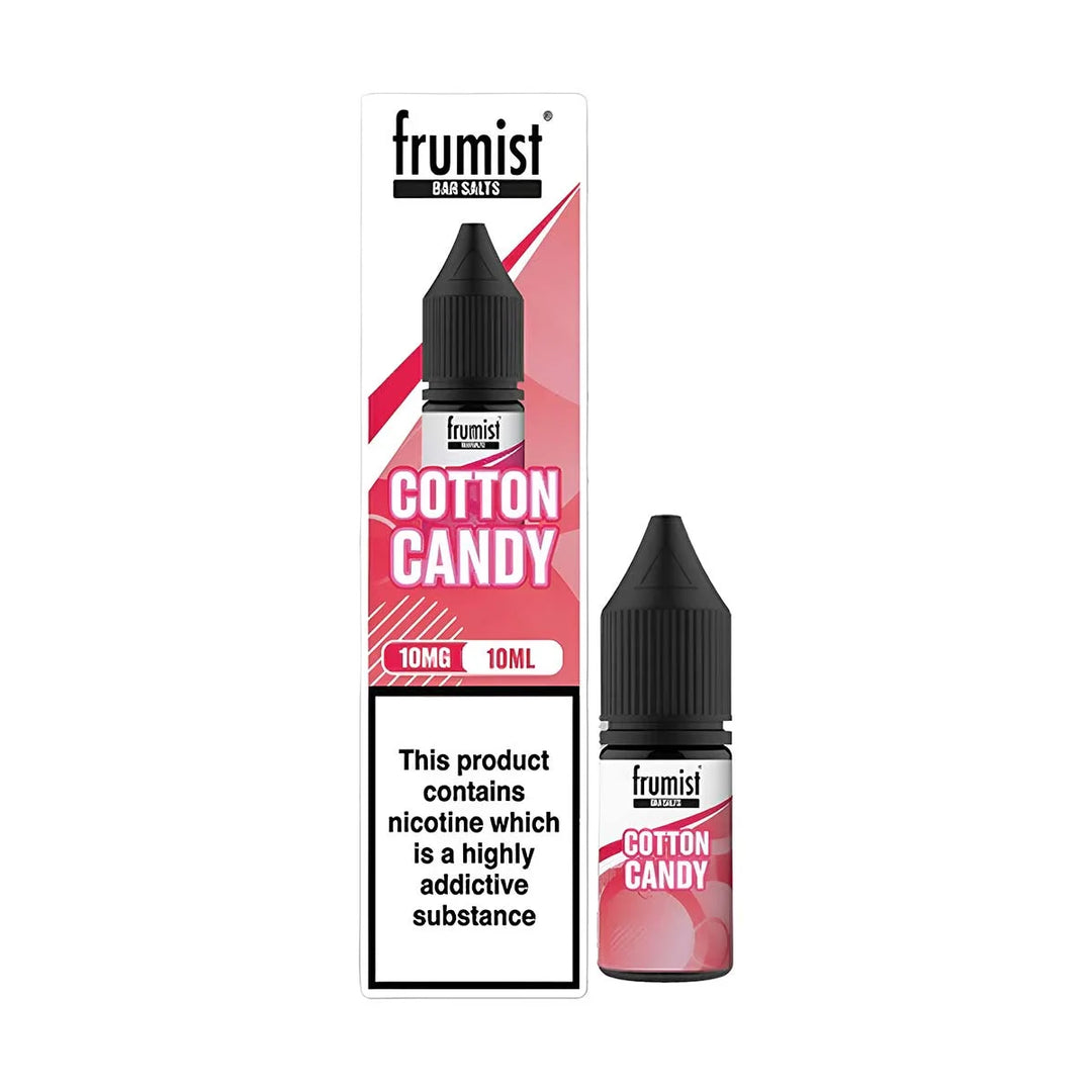 Frumist Nic Salt E-Liquid Cotton Candy – 10ml bottle, 50/50 VG/PG blend, available in 10mg or 20mg nicotine strength.