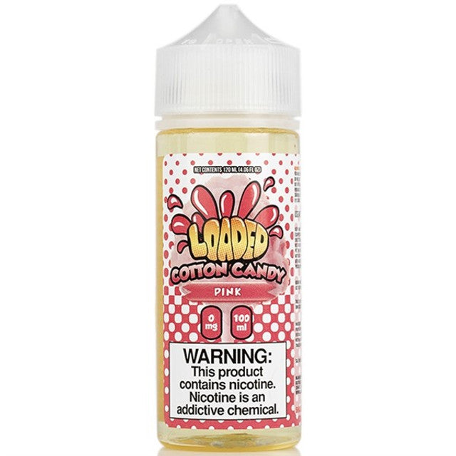 A bottle of Cotton Candy Pink Loaded E-Liquid with a label featuring a pink and white color scheme and text indicating the flavor, along with a warning about nicotine content.