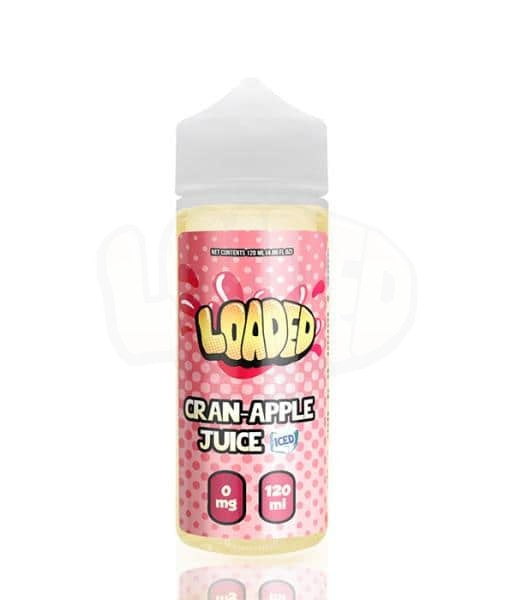 A 120ml bottle of Loaded E-Liquid with a Cran-Apple Ice flavor, featuring a colorful label with graphics of cranberries and apples.