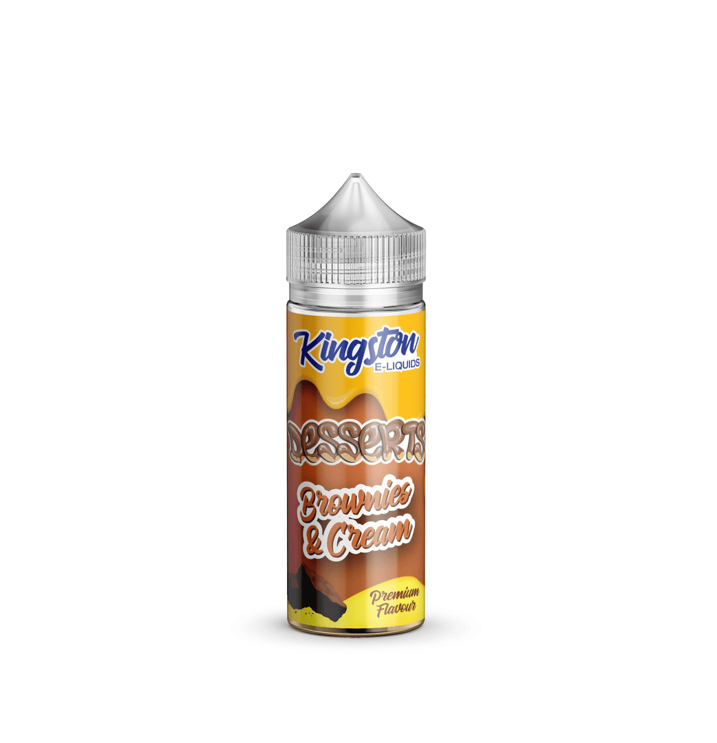 A 100ml bottle of Kingston Dessert - Brownie & Cream e-liquid with a nicotine-free label, featuring a silver cap and a label with the flavor's image.