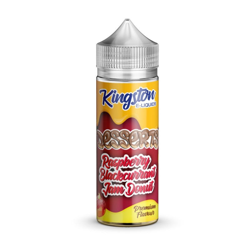 A 100ml bottle of Kingston Dessert - Raspberry Blackcurrant Jam Donut flavor e-liquid, with a nicotine-free label and a yellow label with red and black currant graphics.
