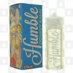 100ml shortfill bottle of Humble Juice E-Liquid in Donkey Kahn flavor, 80/20 VG/PG ratio for rich flavor and massive clouds, nicotine-free with space for nic shots, perfect for sub-ohm vaping.