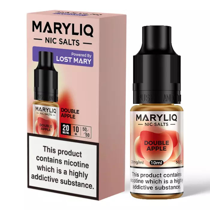 Packaging and bottle of Maryliq Double Apple Nic Salt E-Liquid with indication of nicotine strength and flavor, adhering to TPD Compliant standards.