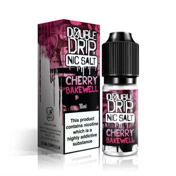 Double Drip Nic Salt E-Liquid Cherry Bakewell – 10ml bottles, pack of 10, 50/50 VG/PG, available in 10mg or 20mg nicotine strength.