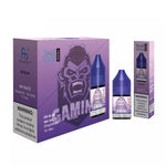 Load image into Gallery viewer, Product image showing a box and two bottles of Dr Blue R&M Nic Salt E Liquid, with a purple color scheme and Dr. Blue character branding.