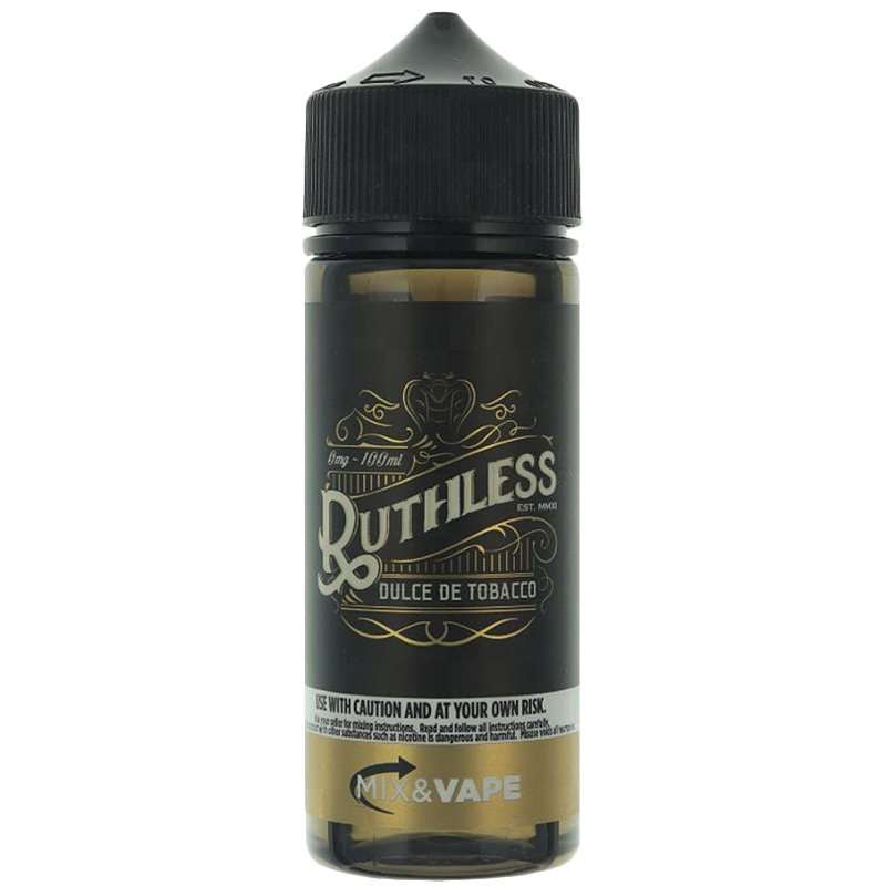 Ruthless 100ml Shortfill Dulce De Tobacco – 0mg nicotine, perfect for sub-ohm vaping & clouds.