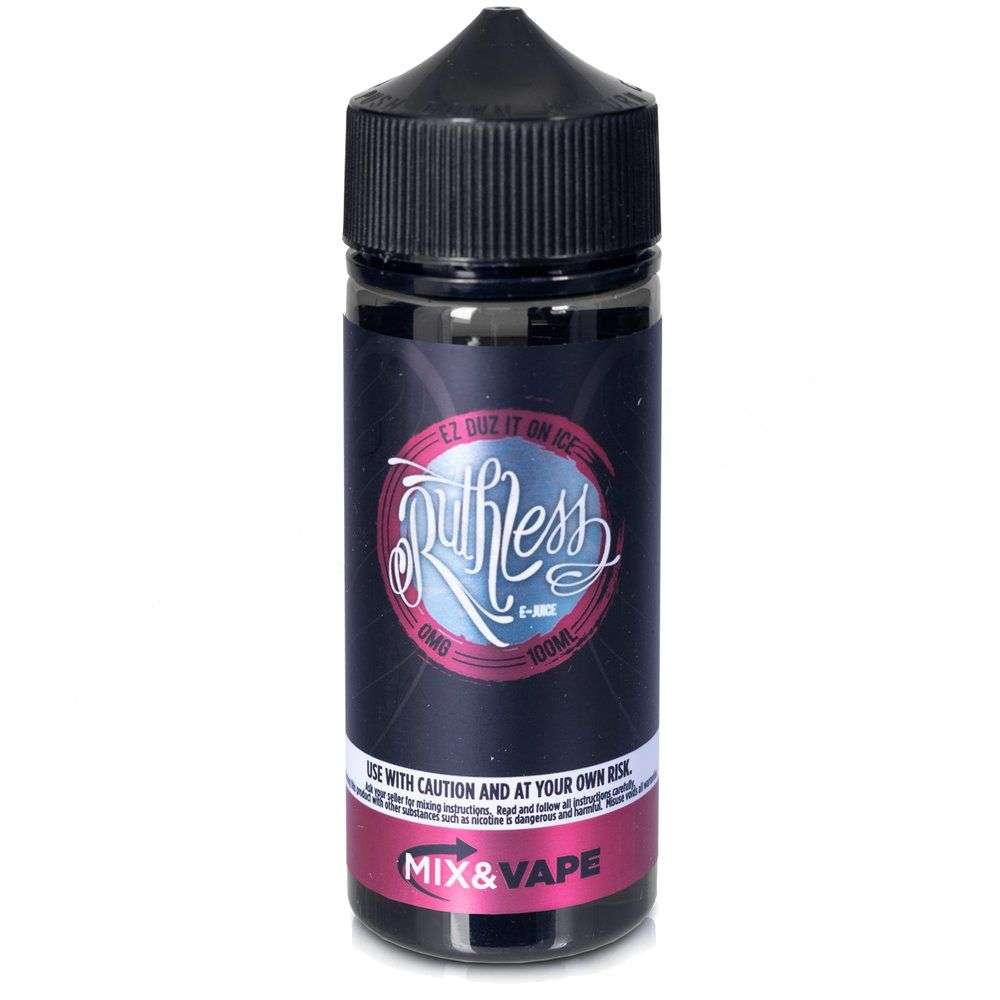 A 100ml bottle of EZ Duz It On Ice Ruthless e-liquid with a black and purple label, indicating nicotine-free and 70/30 VG/PG ratio.